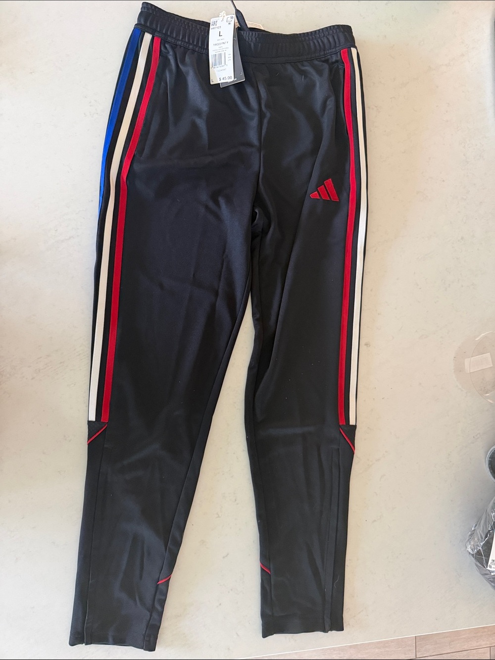 Kids Large Adidas Black Joggers with Red, White & Blue Side Stripes